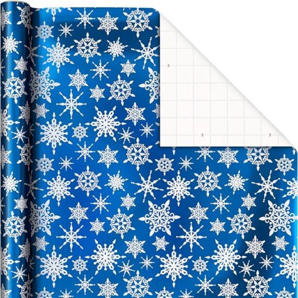 Blue Foil Christmas Wrapping Paper with Cut Lines on Reverse, 3 Rolls:60 sq. ft. - Picture 5 of 7